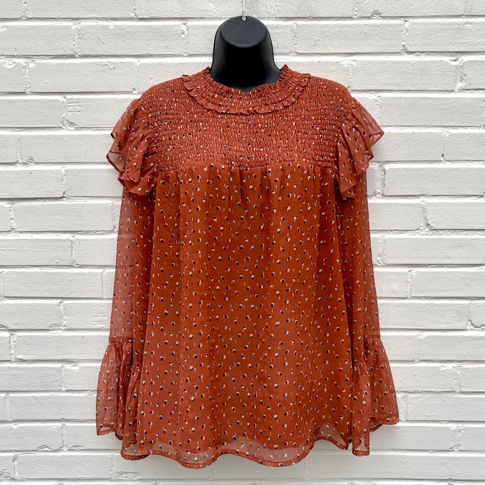 Jade Melody Tam Smocked, Long Sleeve Blouse in Burnt Orange, SZ L EUC